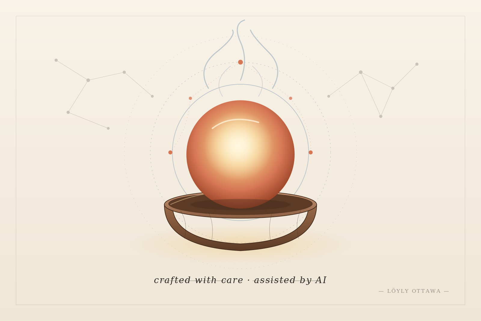 Editorial illustration: a glowing warm orb resting in a wooden bowl, framed by steam halos and constellation marks — representing care, craft, and AI-assisted design