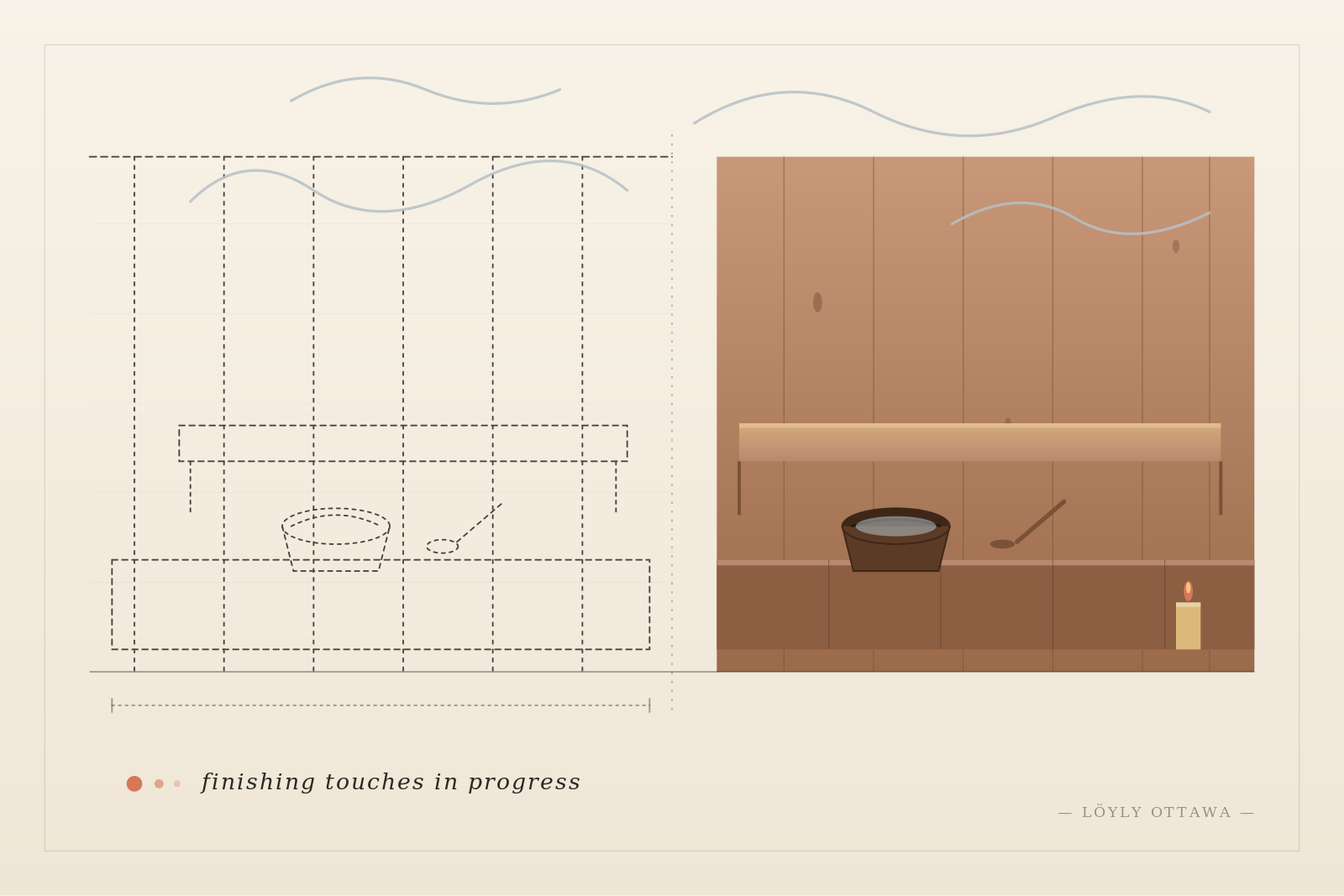 Editorial illustration: a sauna interior shown half as a blueprint and half fully built — representing this site under active development